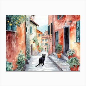 Black Cat In Como, Italy, Street Art Watercolour Painting 3 Canvas Print