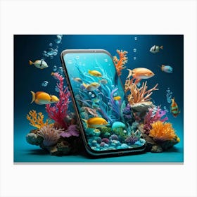 Futuristic Smartphone Morphing Into Aquatic Creature Version In A Vibrant Whimsical And Surreal Un Canvas Print