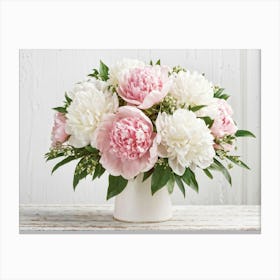 A Bouquet Of Pastel Pink And Pristine White Peonies With Hints Of Red Arranged Densely In A Natural (6) Canvas Print