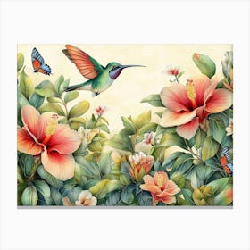 Vintage Tropical Background With Protea, Hibiscus Flowers, Leaves, Hummingbirds, Butterflies 1 Canvas Print