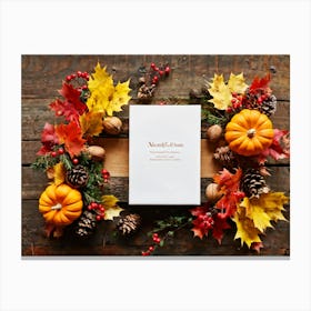 Autumn Themed Table Decor Featuring An Assortment Of Yellow And Orange Leaves Acorns Amidst A Garde Canvas Print