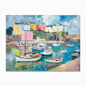 'Boats In A Welsh Harbour' Vibrant Modern Coastal Canvas Print