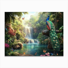 Beautiful Nature Scenery Travel Lovely Place Background with Tropical Leaves, Flowers Forest Trees, Park, Waterfall Canvas Print