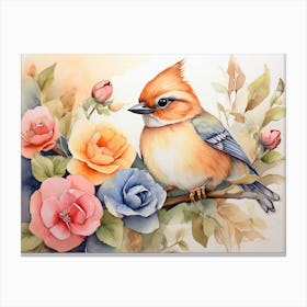 Whimsical Charm Cute Bird With Roses Canvas Print