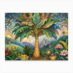 Banana Tree With Colorful Flowers In A Lush Garden Canvas Print