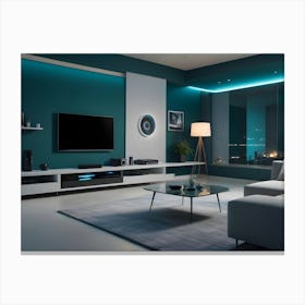 A Modern Living Room With A Teal Wall, White Furniture, A Large Tv, And Led Strip Lighting Canvas Print