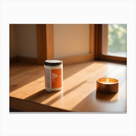 A Glass Jar Candle And A Burning Candle On A Wooden Surface With Sunlight Streaming Through The Window Canvas Print