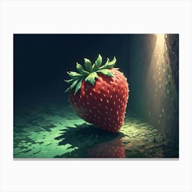 A Single, Red Strawberry With Green Leaves Is Sitting On A Green, Pixelated Surface Canvas Print