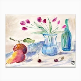 Tulips And Fruits - watercolor hand painted still life floral flowers kitchen art dining Canvas Print