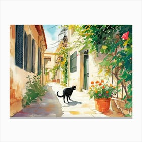 Larnaca, Cyprus   Cat In Street Art Watercolour Painting 4 Canvas Print