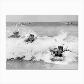 Surfers Catching Waves at the Beach, Vintage Black and White Old Photo Canvas Print