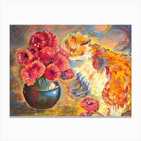 Cat And Flowers Metal Print Canvas Print