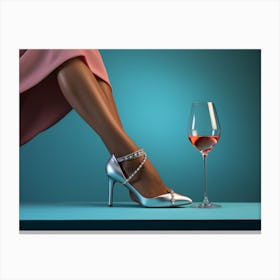 Woman'S Feet ,A Woman Posing Between A Glass Of Wine And A Shoe In party Canvas Print