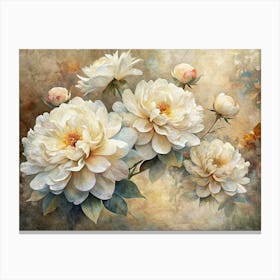 White Peony Flowers On Watercolor Background Canvas Print