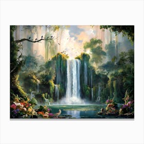 Majestic Waterfall Forest with Flowers Painting #4 Canvas Print