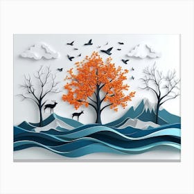 3d Modern Landscape Art with A Christmas Tree, Blue Wavy Lines, Deer, Clouds, Mountains Canvas Print