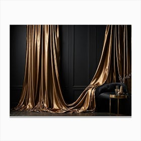 Curving Gold Drapery Cascades Down A Rich Brown Wall The Silken Material Emulating The Fluidity And (5) Canvas Print