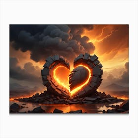 A Dramatic Scene Of A Broken Stone Heart Engulfed In Flames Canvas Print