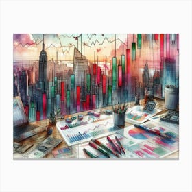 Stock Market Candlestick Chart In Watercolor 2 Canvas Print