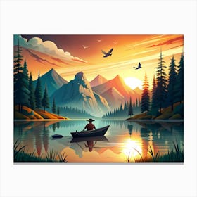 Man Rowing Boat On A Lake At Sunset Canvas Print