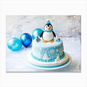 Penguin On A Cake Canvas Print