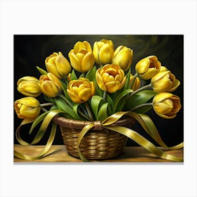 Yellow Tulips In A Wicker Basket Canvas Print