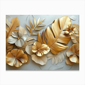 Gold Floral Plants And Palm Leaves, 3d Grey Background, Abstract Tropical Leaves, Banana Canvas Print