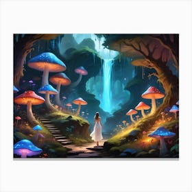 Woman Walking Through A Mystical Forest With Glowing Mushrooms And A Waterfall 8 Canvas Print