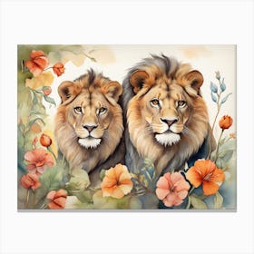 Vintage Lions Floral Painting Canvas Print