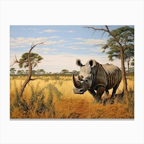 Black Rhinoceros Grazing In The African Savannah Realism 1 Canvas Print