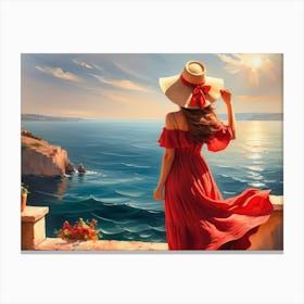 Woman in summer dress looking at the sea 13 Canvas Print