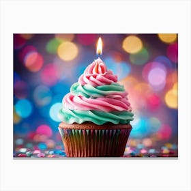 Cupcake With Vibrant Swirls Of Pink Blue And Green Frosting Single Lit Candle Atop Celebrating A Canvas Print