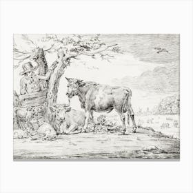 Farmer Standing At A Fence With Cattle, Jean Bernard Canvas Print
