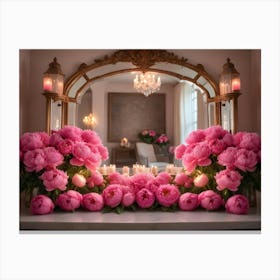 A Collection Of Pink Peonies Arranged Around A Mirror With Candles, Creating A Romantic And Elegant Scene Canvas Print