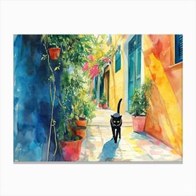 Athens, Greece   Black Cat In Street Art Watercolour Painting 1 Canvas Print