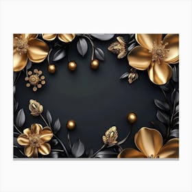 3d Artwork Illustration Background with Golden Jewelry and Flowers in Black 1 Canvas Print