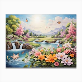 Waterfall With Butterflies And Flowers Canvas Print