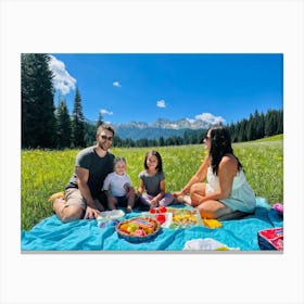 Family Of Four Smiling Lounging On A Colorful Picnic Blanket In A Sunlit Meadow Mountains In The (3) Canvas Print