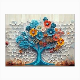 Turquoise Tree On Oak Wood with a White Lattice, Colorful Hexagonal Florals Canvas Print