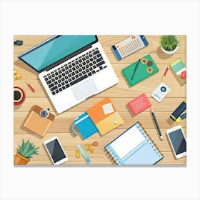 Flat Lay Composition Of A Workspace With Laptop, Smartphone, Coffee Cup, Stationery, And Other Office Supplies On A Wooden Desk Canvas Print