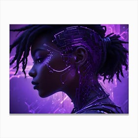 A Portrait Of A Young Woman With A Futuristic, Cyberpunk Aesthetic, Featuring Glowing Purple Lines And A Stylized Hairstyle Canvas Print