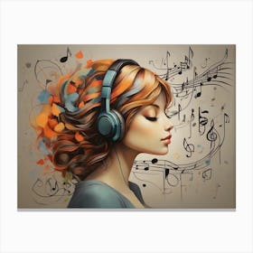 Girl With Headphones And Music Notes Canvas Print