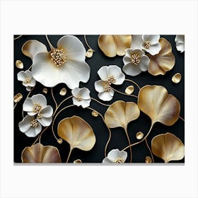 3d Floral Art with Golden Ginko Biloba Leaves and White Flowers on Black Background Canvas Print