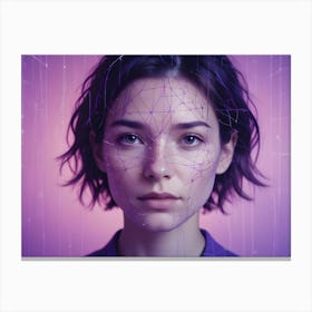 A Portrait Of A Young Woman With A Mesh Of Glowing Purple Lines Overlaying Her Face Canvas Print