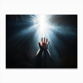 An Ultra Realistic Depiction Of A Hand Raised In A Gesture Of Prayer Emerging From Darkness Into A (7) Canvas Print