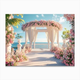 Artistic Depiction of Stunning Seascapes Featuring a White Gazebo Surrounded by Pink Flowers Canvas Print