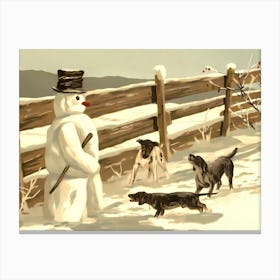 Snowman By The Fence And Three Freezing Dogs Canvas Print