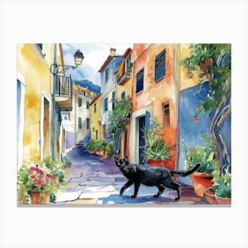 Ajaccio, France   Black Cat In Street Art Watercolour Painting 1 Canvas Print