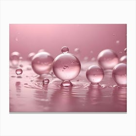 Abstract Composition With Translucent, Pink Water Droplets Of Various Sizes Resting And Bouncing On A Liquid Surface, Creating Delicate Reflections And Ripples Canvas Print