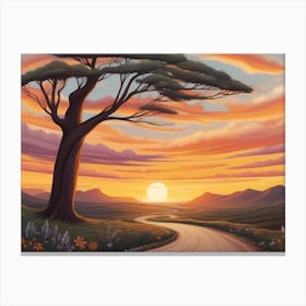 Solo Old Tree By A Country Road In A Hilly Landscape With Gras, Flowers And Trees Leading To Some Mountains In A Bright Morning Sunrise Vivid Color Painting Canvas Print